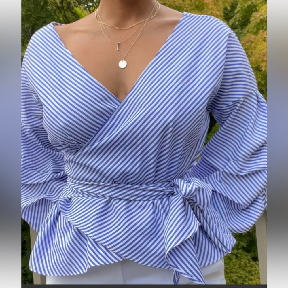 Forever 21 women Top Blouse V Neck Balloon Sleeve Stripe Wrap Bow White Blue XL